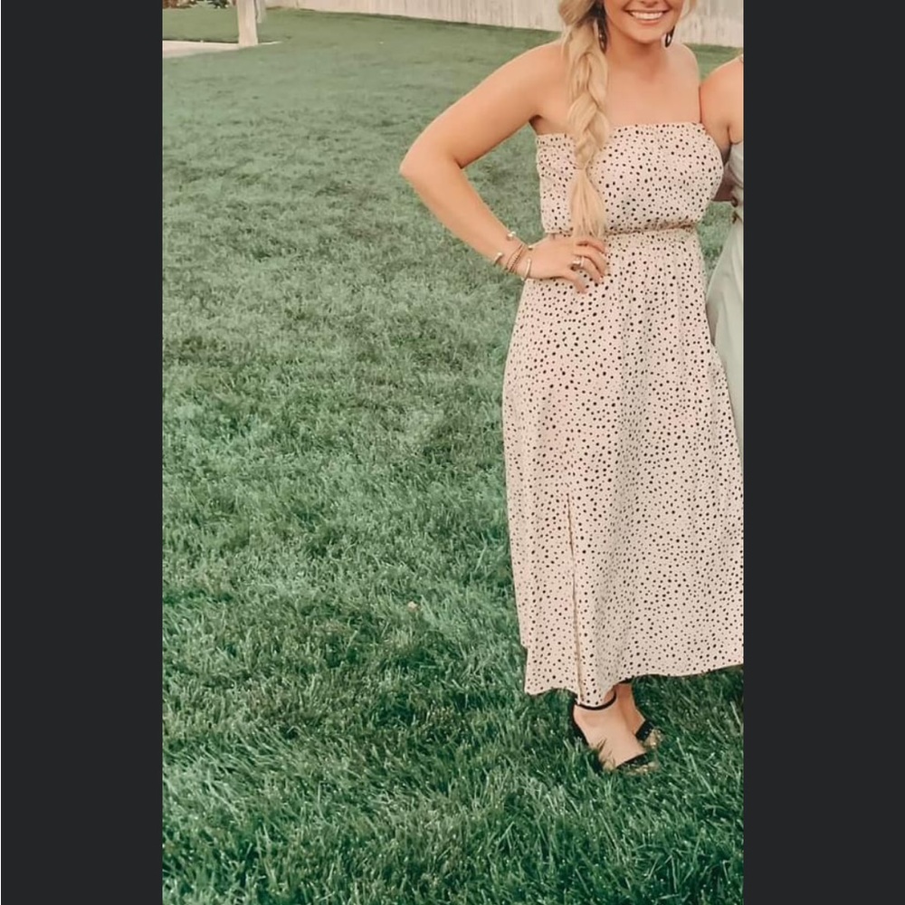 Strapless taupe & black polka dot dress